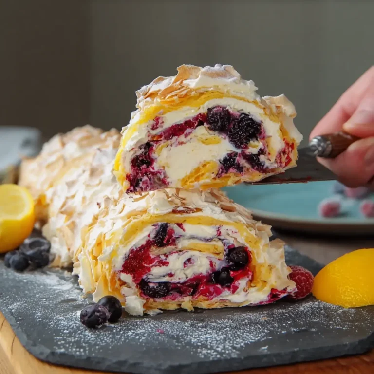 Baiserrolle mit Lemon Curd und Blaubeerkompott