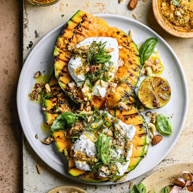 Gegrillte Melone mit Nussbutter und Burrata
