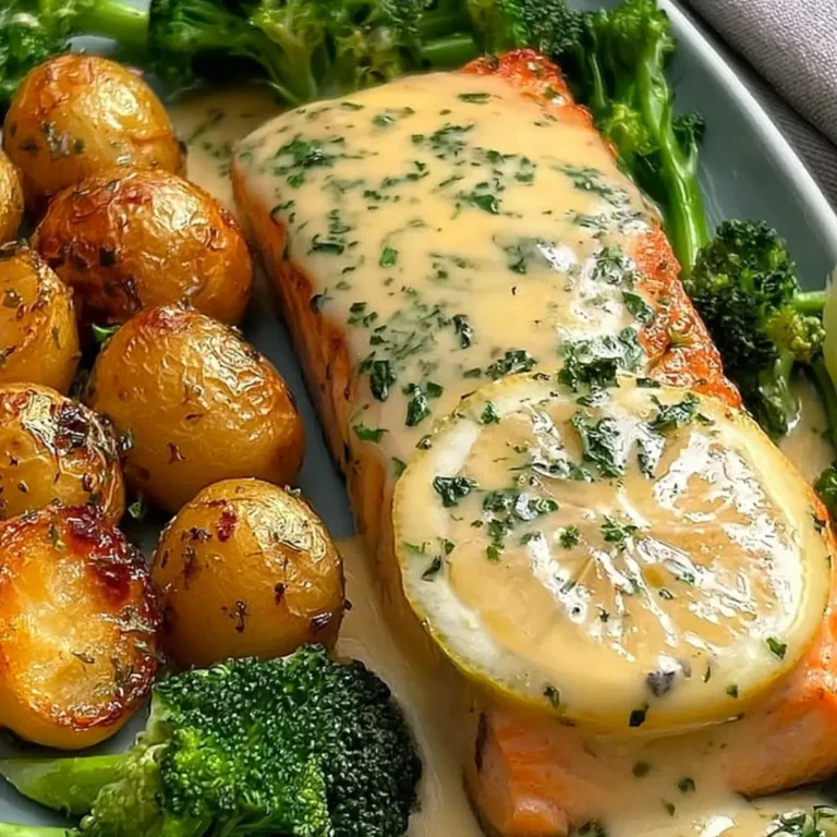 Lachs in Zitronen Butter mit knusprigen Kartoffeln und Brokkoli