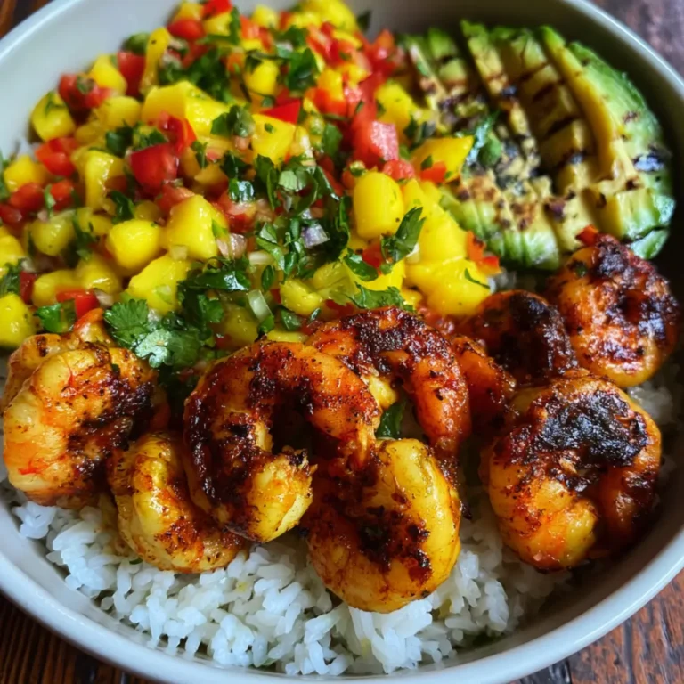 Pikante Garnelen und Mango Salsa Reisbowl