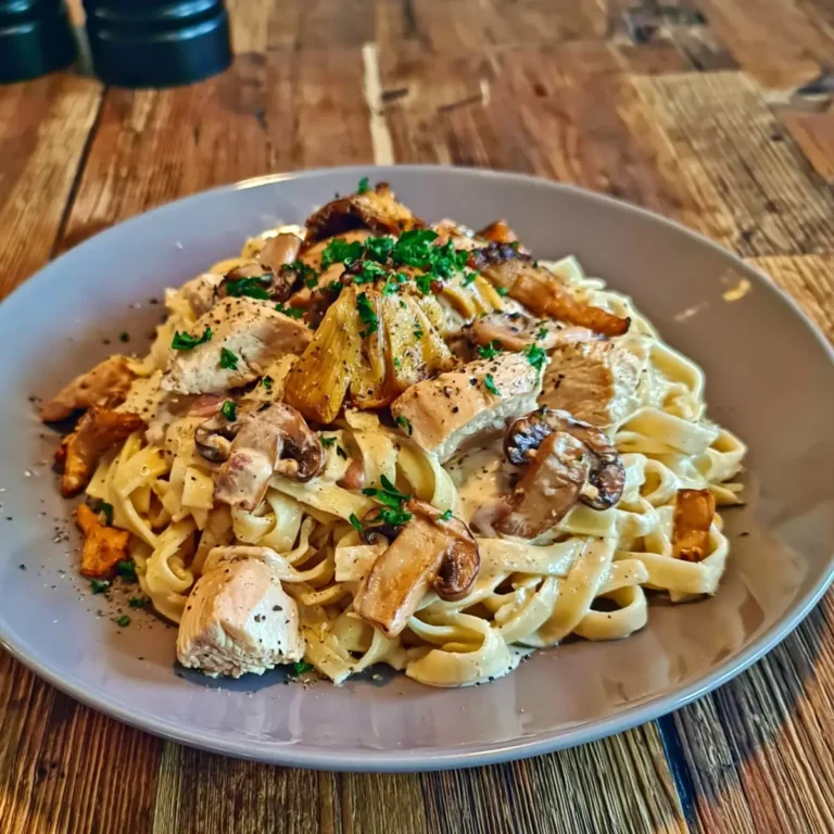 Tagliatelle mit Pilzen und Huhn in Sahnesosse