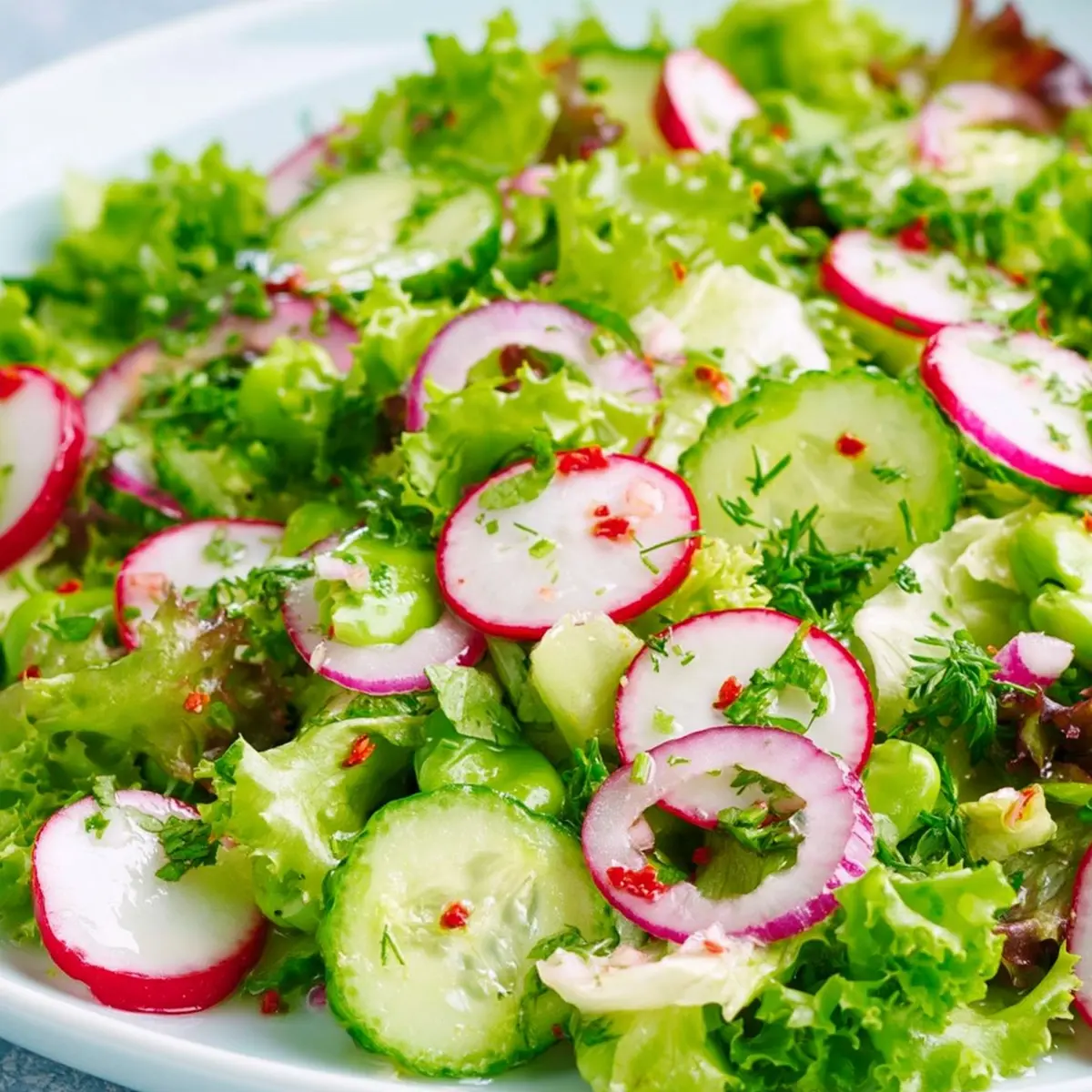 Blattsalat mit Gurken und Radieschen
