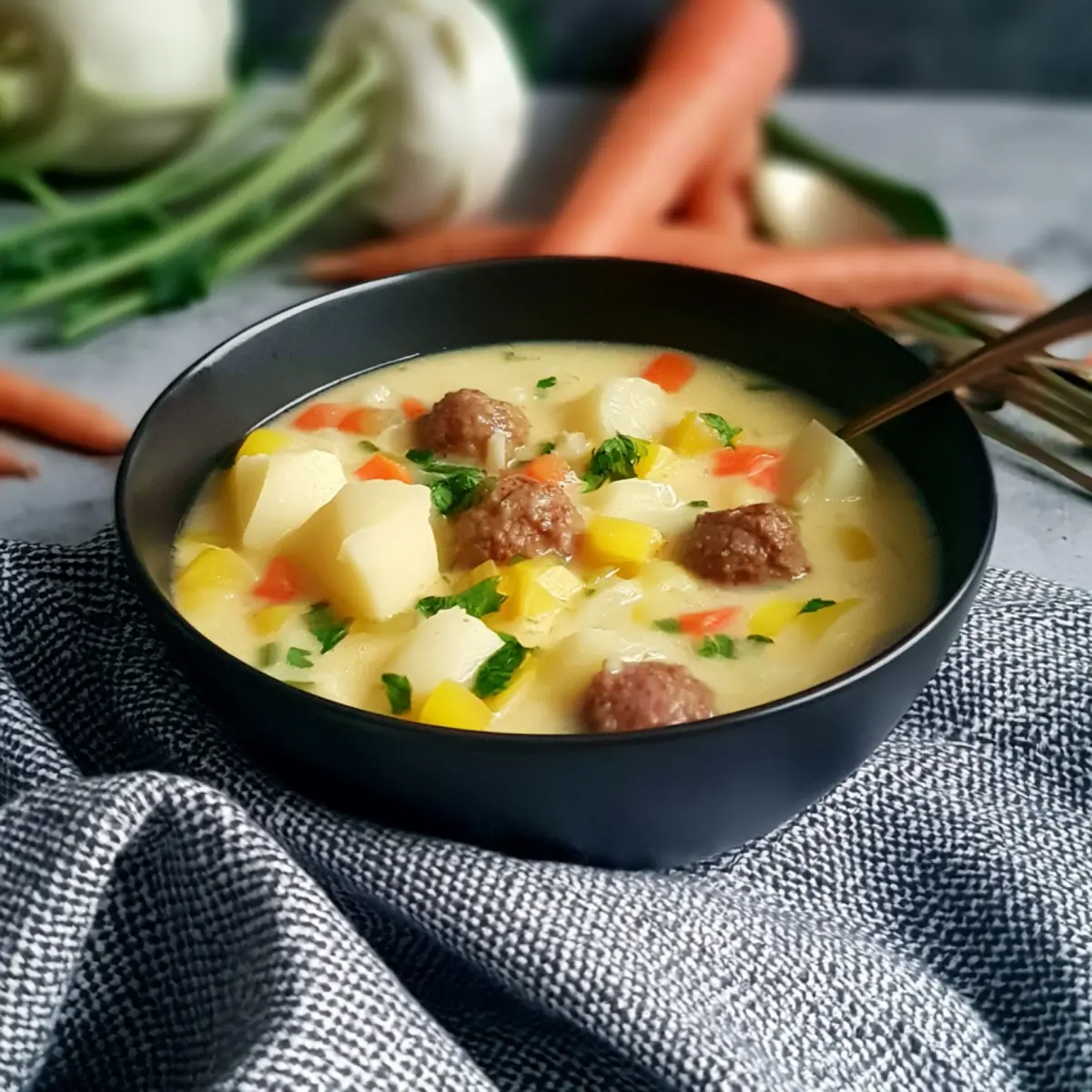 Kohlrabi Suppentopf mit Hackbällchen