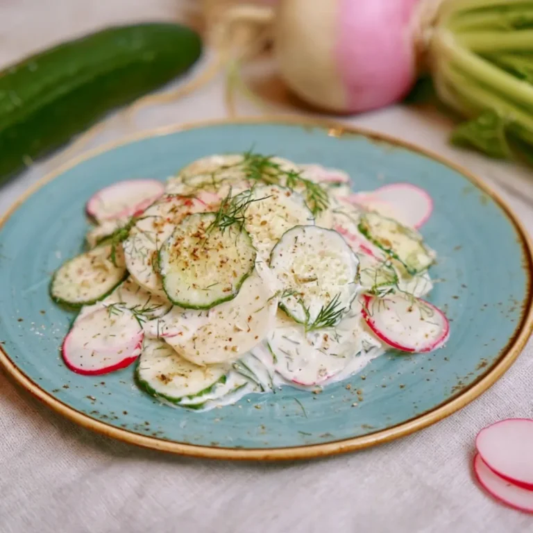 Mairübe Salat mit Gurken, Radieschen und Joghurtdressing