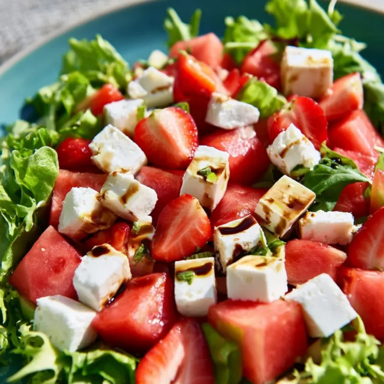 Melonen Feta Salat mit Erdbeeren, Blattsalat und Balsamico