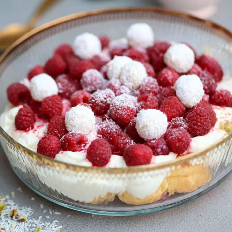 Windbeutel Dessert mit Raffaello, Himbeeren und Quarkcreme
