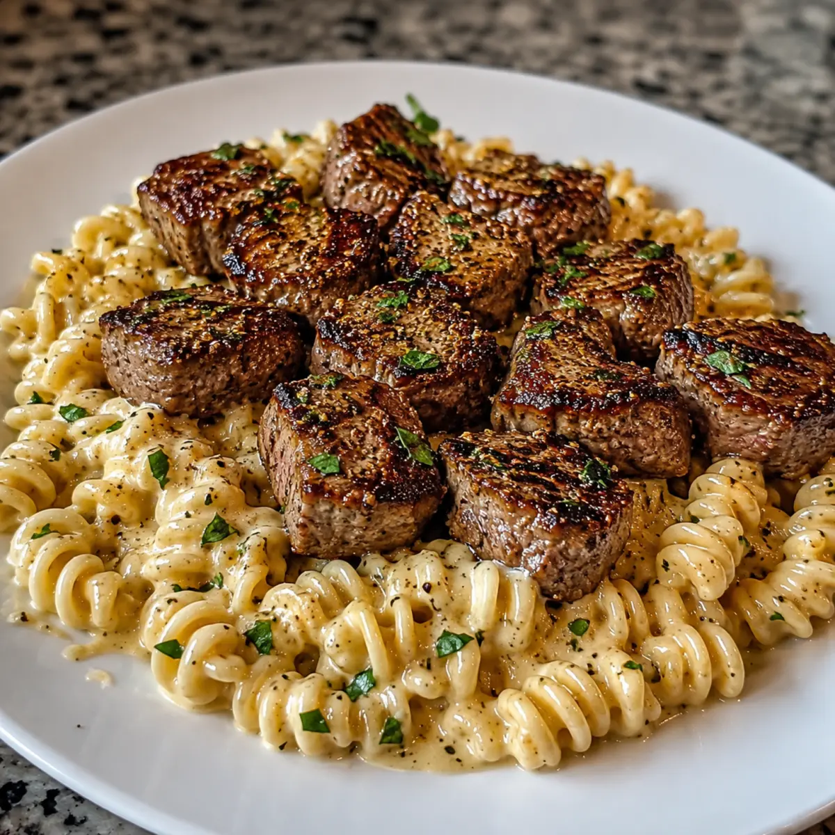 Cremige Knoblauch-Butter-Steak-Happen mit würziger Cajun-Alfredo-Pasta