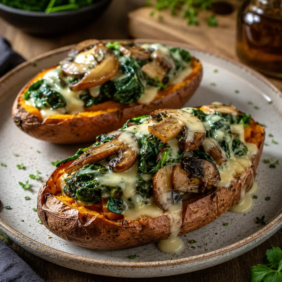 Gefüllte Süßkartoffeln mit Champignons und Spinat