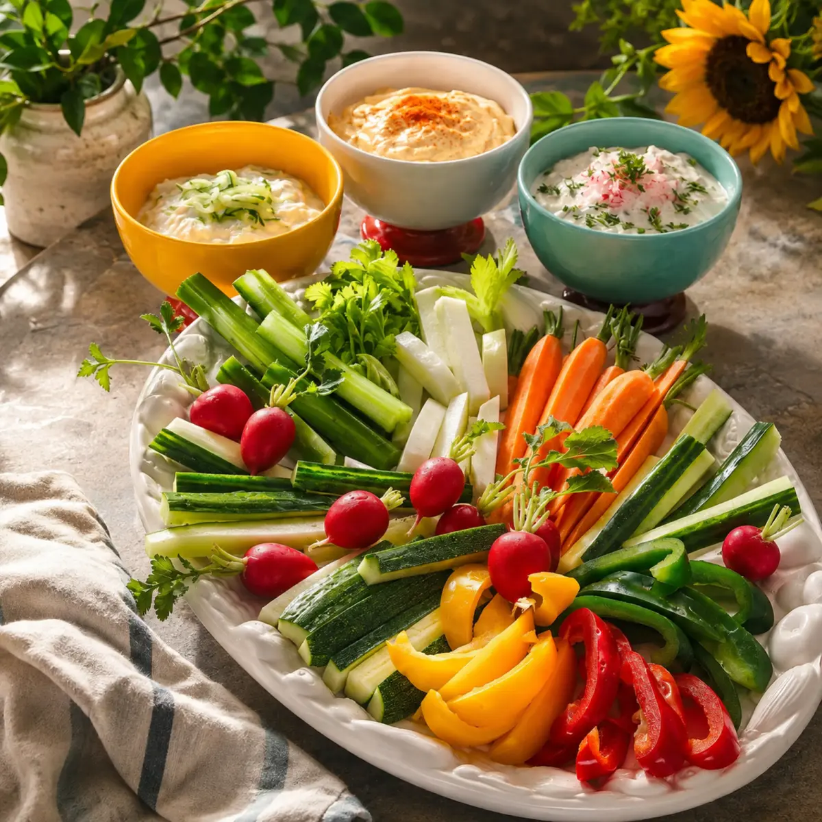 Gemüseplatte mit Quark-Dips