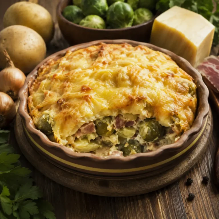 Rosenkohlauflauf mit Kartoffeln und Zwiebeln