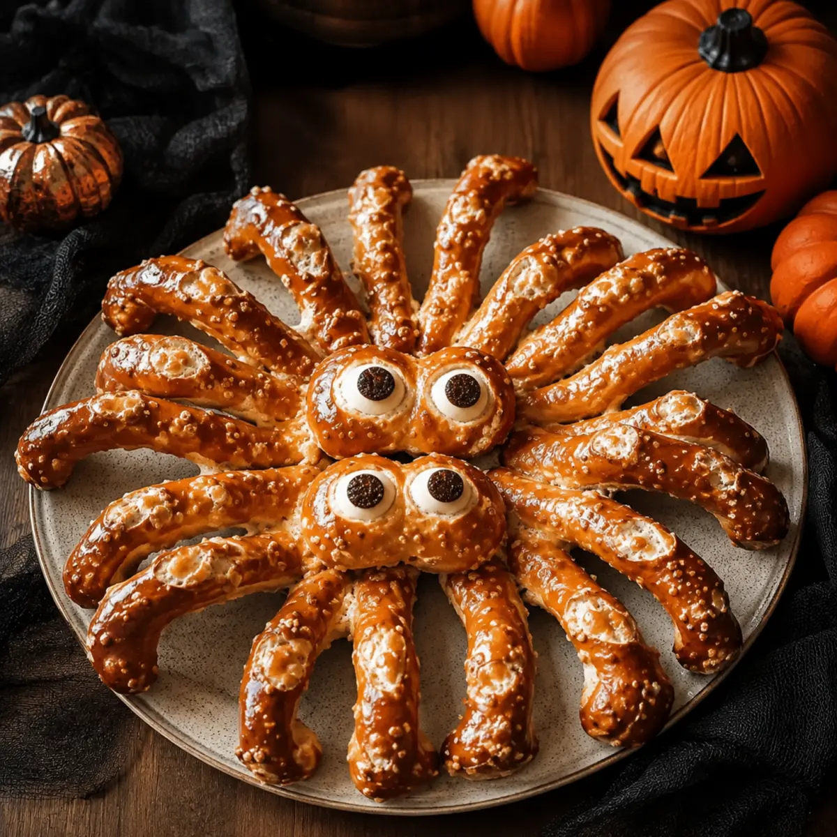 Spinne aus gefrorenen Laugenstangen für Halloween